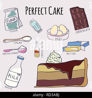 Vector hand drawn parfaite recette de gâteau. Doodle illustration. Recette de gâteau dans doodle style. Vector illustration Illustration de Vecteur