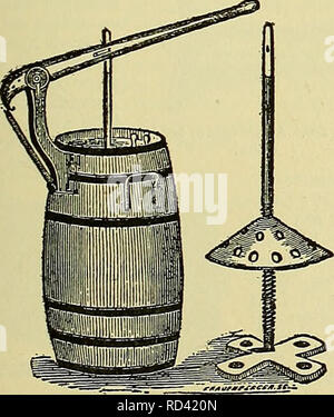 . Cyclopedia des animaux de ferme. Les animaux et produits du règne animal. Fig. 193. Un appareil primitif, dit avoir été utilisé comme centre d'affaires. Nettoyage de la baratte.-bidons sont généralement en bois et leurs soins est un facteur important. Lorsque vous êtes prêt à nettoyer, le roulement doit être rincée avec de l'eau froide pour enlever tout le babeurre, sel, et ainsi de suite ; il devrait ensuite être partiellement rempli d'eau bouillante, le couvercle mis et attaché lâchement, afin que la vapeur puisse s'échapper, le bouchon de vidange retiré, et le roulement se retourna. La pression à l'intérieur causée par la création de la vapeur de l'eau chaude va forcer wa Banque D'Images