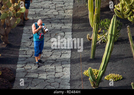 Un homme prend une photo de cactus au jardin de cactus à Lanzarote, Îles Canaries Banque D'Images