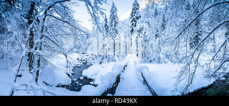 Vue panoramique d'hiver pittoresque avec pont de bois menant au lit du fleuve couverts dans la neige profonde sur une belle journée ensoleillée à froid Banque D'Images