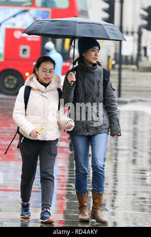 Londres, Royaume-Uni. 16 janvier, 2019. Les femmes sont considérées à l'abri de la pluie sous un parapluie. D'après le Met Office de gel pour durer dans le mois prochain. Credit : Dinendra Haria SOPA/Images/ZUMA/Alamy Fil Live News Banque D'Images