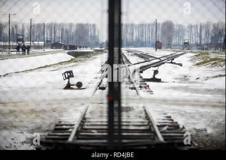 Oswiecim, Pologne. 16 janvier, 2019. Une vue de la ligne de train entrant dans l'ancien allemand nazi -Birkenau camp mort.La Journée du souvenir de l'Holocauste aura lieu le 27 janvier, où les survivants sera présent à la 74e anniversaire de la libération d'Auschwitz de célébrations. Credit : Omar Marques/SOPA Images/ZUMA/Alamy Fil Live News Banque D'Images