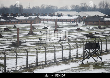 Oswiecim, Pologne. 16 janvier, 2019. Une vue rapprochée de l'ancien camp de la mort nazi d'Auschwitz-Birkenau allemand.La Journée du souvenir de l'Holocauste aura lieu le 27 janvier, où les survivants sera présent à la 74e anniversaire de la libération d'Auschwitz de célébrations. Credit : Omar Marques/SOPA Images/ZUMA/Alamy Fil Live News Banque D'Images