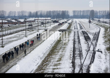 Oswiecim, Pologne. 16 janvier, 2019. Visiteurs vu marchant à travers l'ancien camp de la mort nazi d'Auschwitz-Birkenau allemand.La Journée du souvenir de l'Holocauste aura lieu le 27 janvier, où les survivants sera présent à la 74e anniversaire de la libération d'Auschwitz de célébrations. Credit : Omar Marques/SOPA Images/ZUMA/Alamy Fil Live News Banque D'Images