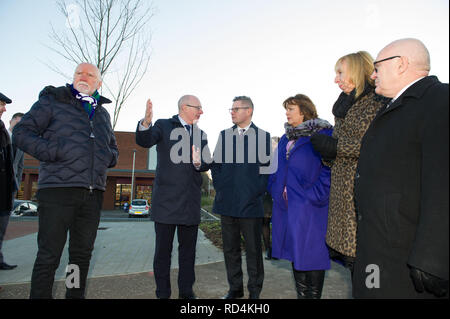 Winchburgh West Lothian, UK - 17 janvier 2019. Finances Secrétaire Derek Mackay répond aux développeurs, West Lothian Council et d'autres parties prenantes à l'emplacement du village Winchburgh. Plus de 3 000 nouvelles maisons ainsi que l'infrastructure connexe, des espaces et les écoles sont à construire dans Winchburgh, West Lothian - création d'un des plus grands projets d'infrastructure liés au logement. Crédit : Colin Fisher/Alamy Live News Banque D'Images