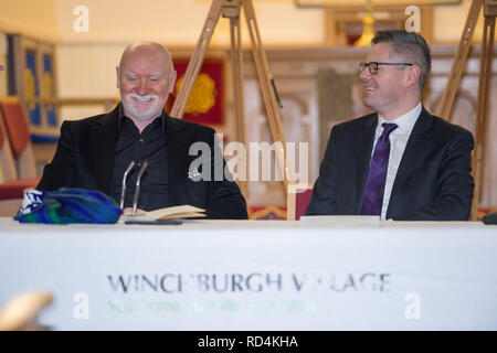 Winchburgh West Lothian, UK - 17 janvier 2019. Finances Secrétaire Derek Mackay répond aux développeurs, West Lothian Council et d'autres parties prenantes à l'emplacement du village Winchburgh. Plus de 3 000 nouvelles maisons ainsi que l'infrastructure connexe, des espaces et les écoles sont à construire dans Winchburgh, West Lothian - création d'un des plus grands projets d'infrastructure liés au logement. Crédit : Colin Fisher/Alamy Live News Banque D'Images