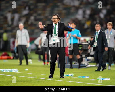 17 janvier 2019 : Juan Antonio Pizzi, entraîneur de l'Arabie saoudite au cours de l'Arabie saoudite Qatar v au Zayed Sports City Stadium à Abu Dhabi, Émirats arabes unis, AFC Asian Cup, championnat de football d'Asie. Ulrik Pedersen/CSM. Banque D'Images