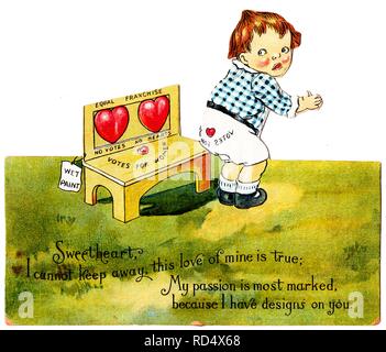 L'ère du suffrage, carte de Saint-valentin die-cut, représentant un petit garçon, surpris, vêtu d'un short blanc et un bleu et un noir check-print shirt, passant après assis sur une chaise marqués 'Equal Franchise, pas de voix Pas de Cœur, le vote des femmes' avec un 'Wet Paint' enseigne apposée sur un côté, et de se rendre compte qu'un cœur rouge et le message "vote des femmes" ont été transférés à l'arrière de son pantalon court, avec le texte 'Sweetheart, je ne peux pas garder loin, cet amour de la mine est vrai ; ma passion est la plus marquée, parce que j'ai visées sur vous", 1900. () Banque D'Images