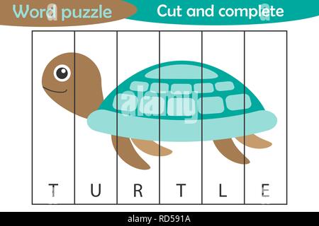 Word puzzle, tortue dans cartoon style, de l'éducation pour le développement de jeux d'enfants d'âge préscolaire, l'utilisation des ciseaux, couper des parties de l'image et terminer le pict Illustration de Vecteur