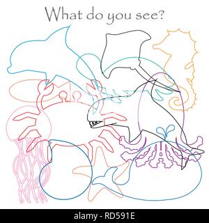 Trouvez des objets cachés sur l'image, thème animaux de l'océan, contour, fun jeu méli-mélo de jeu pour les enfants de l'éducation préscolaire, activité pour enfants, vector Illustration de Vecteur