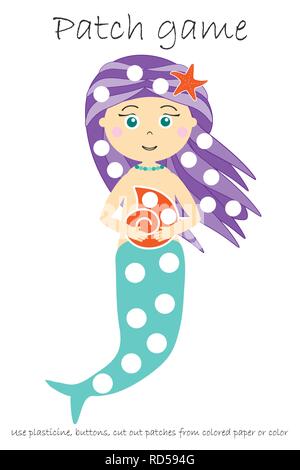 Le jeu mermaid Patch l'éducation pour les enfants de développer des habiletés motrices, utiliser la pâte à modeler des correctifs, des boutons, du papier de couleur ou de la couleur de la page, kids preschool ac Illustration de Vecteur