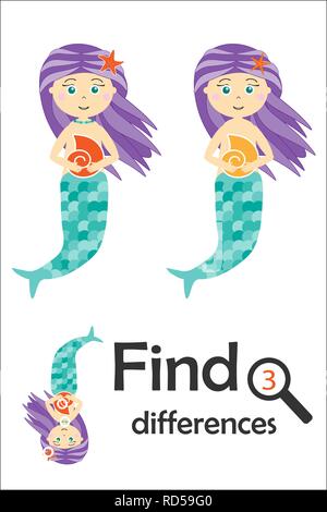 Trouver 3 différences, jeu pour les enfants, sirène en cartoon style game pour enfants, l'éducation préscolaire, de l'activité Feuille de tâche, pour le développement de lo Illustration de Vecteur