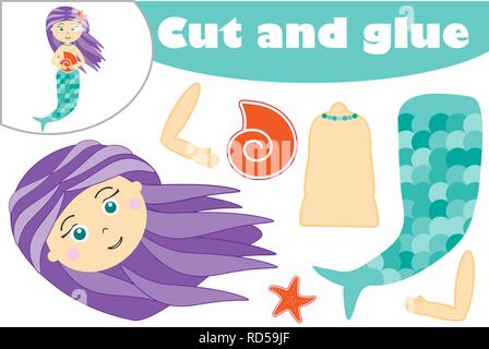 Sirène de cartoon style jeu, l'éducation pour le développement des enfants d'âge préscolaire, des ciseaux et de la colle pour créer l'appliqué, de couper certaines parties de l'ima Illustration de Vecteur