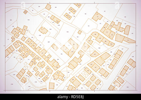 Plan cadastral du territoire imaginaire avec des bâtiments, des routes et parcelle de terre Banque D'Images