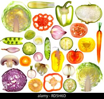 Divers légumes frais, les coupes transversales et des tranches Banque D'Images