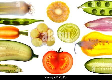 Divers légumes frais, les coupes transversales et des tranches Banque D'Images