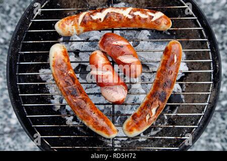 Différents types de saucissons, saucisses de veau, sur un gril de charbon de bois Banque D'Images