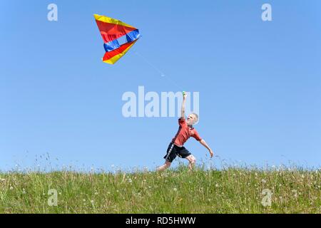 Jeune garçon flying a kite Banque D'Images