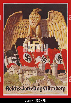 La Propagande nazie allemande Vintage Postcard/Poster 1937 Reichs-Parteitag «-Nürnberg' avec l'aigle allemand & Swastika superviser Nurnberg Château ornés de parti Nazi Swastika et Rallye Rallye drapeaux du parti allemand Banque D'Images