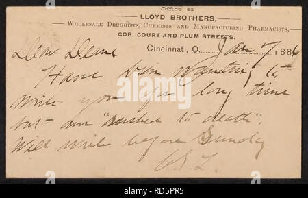 . Curtis Gates Lloyd lettres à Walter Deane, 1883-1917 (inclus). Correspondance ; Lloyd, C. G. (Curtis Gates), 1859-1926 ; Deane, Walter, 1848-1930 ; les botanistes. . Veuillez noter que ces images sont extraites de la page numérisée des images qui peuvent avoir été retouchées numériquement pour plus de lisibilité - coloration et l'aspect de ces illustrations ne peut pas parfaitement ressembler à l'œuvre originale.. Lloyd, C. G. (Curtis Gates), 1859-1926 ; correspondant,Deane, Walter,1848-1930,destinataire. Banque D'Images