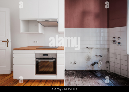 Cuisine intégrée en avant et après la restauration - rénovation concept - Banque D'Images