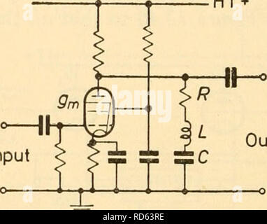 . Appareils électroniques pour la recherche biologique. Appareils électroniques et appareils ; biologie -- la recherche. Sortie Entrée HT  +. La Figure 13.1 Figure 13.2 sortie accessible. Ainsi, un simple amplificateur de l'accepteur est composé d'une pentode ayant pour charge d'anode parallèle un circuit accordé (figure 13.1). Le gain est^ »,|Z, et nous avons vu au chapitre 5 V) w^L &amp ;)^ Q' i  + f 1/2 Depuis g^ est constante, le gain de l'étape a la même forme que Zj, dans le graphique 25. De même un amplificateur circuit réjecteur pourrait avoir la forme de la figure 13.2. La série circuit accordé est effectivement en parallèle avec la résistance de charge et Banque D'Images
