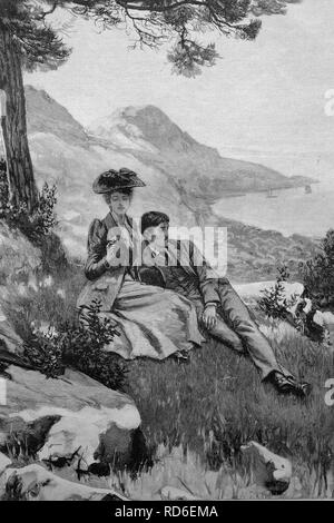 Amants se reposant à l'orée de la forêt, illustration historique vers 1893 Banque D'Images