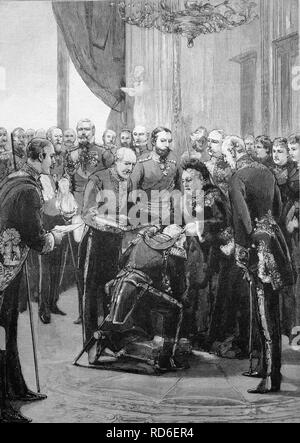 La Reine d'Angleterre lui conférant les commandes dans le château de Windsor, Windsor, Royaume-Uni, illustration historique vers 1893 Banque D'Images