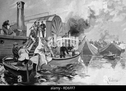Bateau à vapeur de police accompagnant un navire soupçonné de transporter des victimes du choléra sur la rivière Havel près de Spandau, Allemagne Banque D'Images