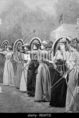 La compétition féminine de tir à l'arc dans Regent Park à Londres, Angleterre, illustration historique, ca. 1893 Banque D'Images