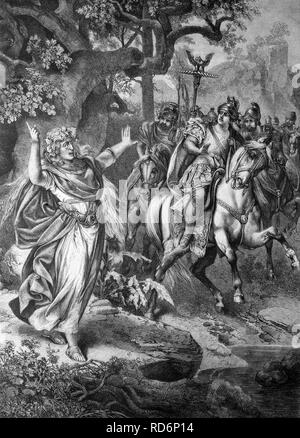 Obstruction à la manière visionnaire germanique de commandant romain Nero Claudius Drusus, 38 BC- 9 BC, il est d'entrer de force en Allemagne Banque D'Images