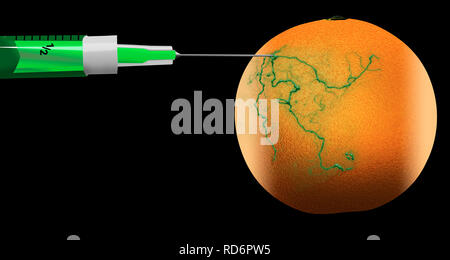 L'idée d'organismes génétiquement et chimiquement modifiés et des plantes est illustrée avec des seringues d'injection et de la modification de la couleur d'agrumes. Ce Banque D'Images
