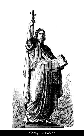 Statue de Saint Boniface à Fulda, gravure sur bois de 1880 Banque D'Images