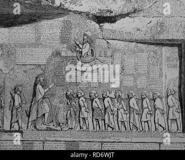 Behistun Inscription, de secours avec une inscription à propos de Darius I, Bistun à Kermanshah, Iran, gravure sur bois de 1880 Banque D'Images