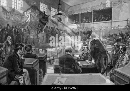 Réunion de la Rada Assemblée Nationale de Serbie, gravure sur bois, circa 1871 Banque D'Images