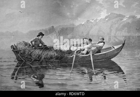 Trajet en bateau avec de l'herbe récoltée, gravure sur bois, circa 1871 Banque D'Images