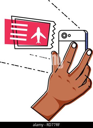 La main à l'aide d'achat de billets smartphone design illustration vectorielle vol Illustration de Vecteur