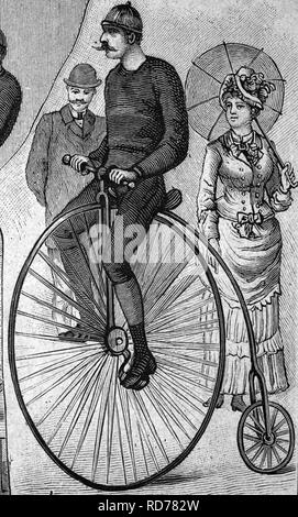 Man riding a Penny Farthing location, illustration historique, vers 1886 Banque D'Images