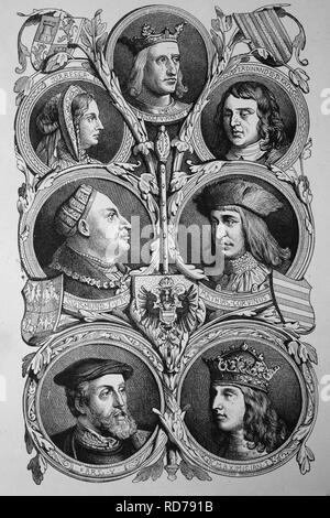 Rois Habsbourg : Rudolf I, Ferdinand V, Sigismond, Mathias Corvin, Maximilien I, Charles V, gravure sur bois, 1870 historique Banque D'Images