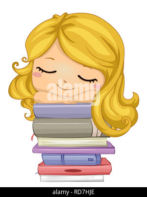 Illustration d'un Kid Girl Sleeping au sommet d'une pile de livres Banque D'Images