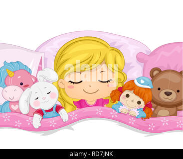 Illustration d'un Kid Girl Sleeping in Bed plein de jouets en peluche moelleux de licorne, lapin, poupée d'Ours Banque D'Images