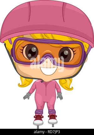 Illustration d'un Kid Girl Wearing Helmet, lunettes, uniforme et des patins à glace pour le patinage de vitesse Banque D'Images