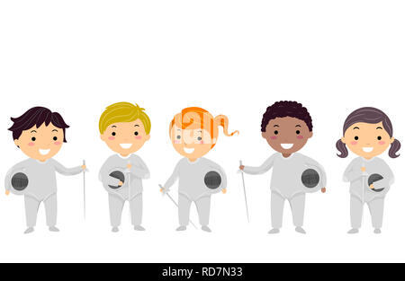 Illustration de Stickman Kids portant tenue d'escrime, l'épée et le casque Banque D'Images