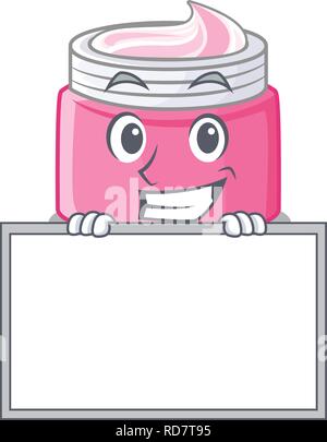 Crème de visage souriant avec bord en bois sur la table de dessin animé Illustration de Vecteur