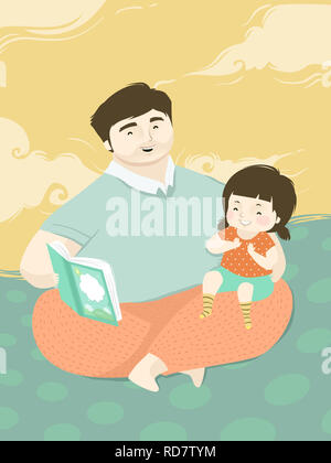 Illustration d'un enfant fille avec son père un livre de lecture Banque D'Images