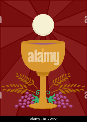 Illustration d'une coupe de vin et d'Eucharistie, Pain aux raisins et de blé ci-dessous. La Sainte Communion Banque D'Images