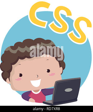 Illustration d'un enfant garçon avec ordinateur portable et CSS. L'icône de programmation Banque D'Images