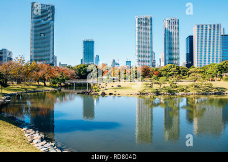 Jardins Hamarikyu bâtiments modernes et de l étang à l'automne à Tokyo, Japon Banque D'Images