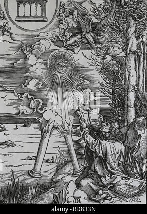 Saint Jean de manger le livre. Apocalypse. Gravure sur bois par Albrecht durer. 1498. Banque D'Images