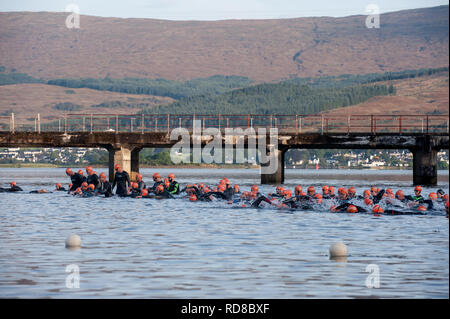 Les nageurs s'apprêtent à commencer le triathlon Ben Nevis dans le Loch Linnhe, fort William Banque D'Images